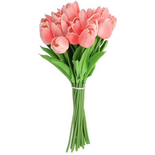 uxcell 20pcs Tulips Artificial Flowers, Faux Flowers Silk Fake Tulip Stems Real Touch for Wedding Bouquet Centerpiece Table Party Decoration(Pink) - color: Pink