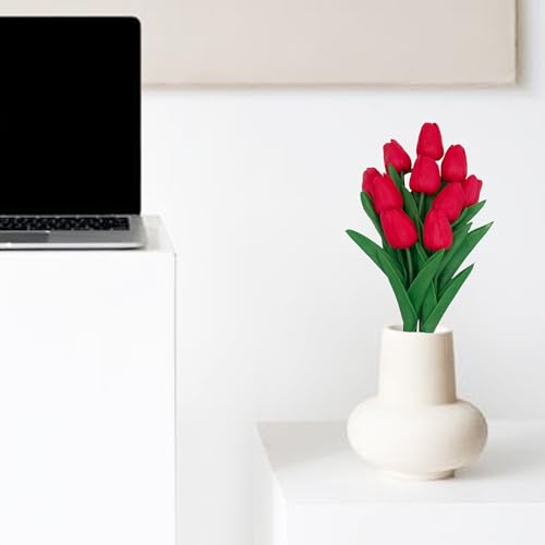 Red Flowers Fake Tulips Artificial Flowers, 13 Inch Real Touch PU Flowers for Decoration, 10 Pcs Tulip Flowers Bouquet for Vase, Mother's Day Easter Valentines Gifts - color: Red