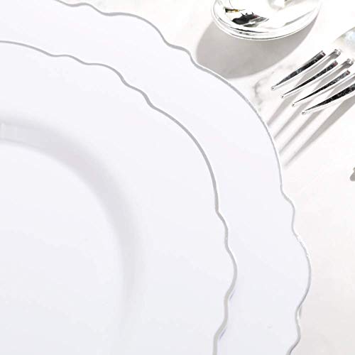 WDF 60pcs Silver Plastic Plates-Baroque White &Silver Plates for Upscale Parties &Wedding-including 30Plastic Dinner Plate 10.25inch, 30 Salad Plate 7.5inch for Baby/Shower/Wedding/Independence Day - color: Silver, size: 60PCS