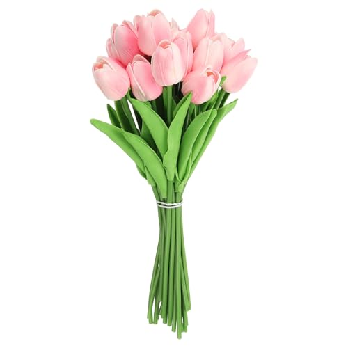 uxcell 20pcs Tulips Artificial Flowers, Faux Flowers Silk Fake Tulip Stems Real Touch for Wedding Bouquet Centerpiece Table Party Decoration(Orange Pink) - color: Orange Pink