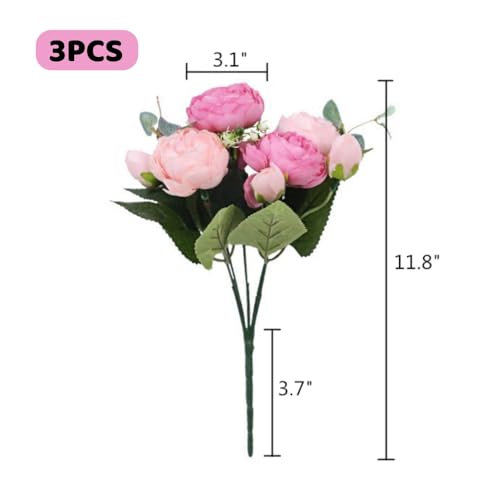 Artificial Peony Flowers Silk Peony Rose Real Touch Fake Flowers 3pcs Single Stem with 5 Heads Bouquet for Home Wedding Party Decoration (Pink) - color: Pink