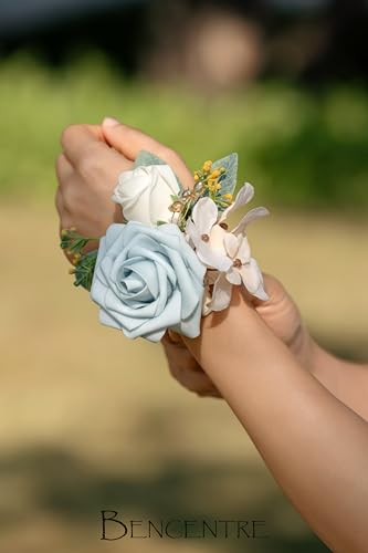 Dusty Blue Corsage for Wedding(Set of 6),Wrist Corsage,Corsage for Prom,Party Prom Hand Flower Decor,Mother of The Bride Corsage, - color: Dusty Blue-01