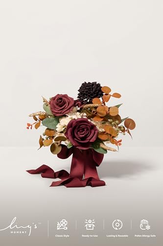 Ling's moment Red Bridesmaid Bouquets Set of 6,Burgundy & Burnt Orange Artificial Wedding Flower Bouquets Floral Bouquet Bridesmaid Bouquets with Ribbon, Ceremony, Anniversary, 7-inch Diameter - color: Rd-burgundy & Burnt Orange