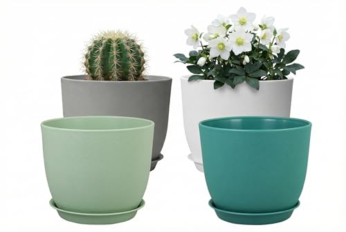 8 Inch Plant Pots Set of 4, Plastic Planters with Drainage Holes and Tray, Flower Pots for Indoor Outdoor Plants and Flowers (Multicolor) - color: White Green Blue Gray