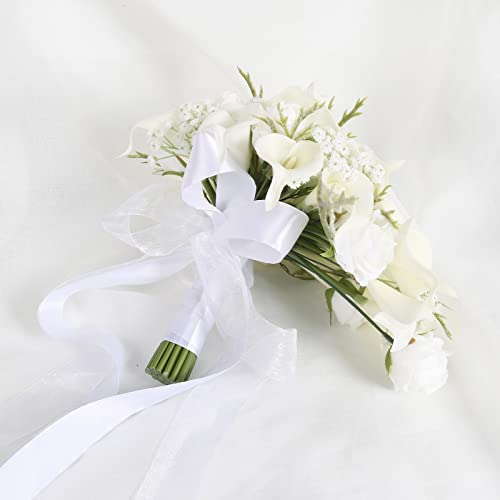 Bride Bouquets for Wedding,11 Inch White Calla Lily Cascading Bridal Bouquet Silk Flowers for Ceremony Anniversary Wedding Bridal Shower(Natural Whites) - color: Natural Whites