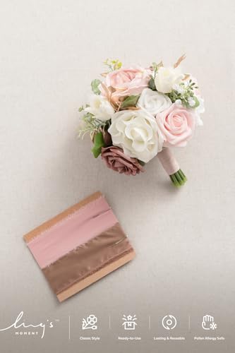 Ling's moment Dusty Rose Artificial Wedding Flower Bouquet for Bridesmaid Pink Floral Bouquet Blush Bridesmaid Bouquets with Ribbon Ceremony Anniversary,7-inch Diameter - color: Pk-dusty Rose & Cream