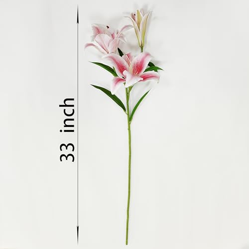 Artificial Lily Flowers,4 Pcs Faux Lily Flowers,32.5 Inch Long Stem Tiger Lily Branch with 2 Full Blooms and 1 Bud, Latex Real Touch Lilium Flower for Wedding Bouquet (4, Pink) - color: Pink