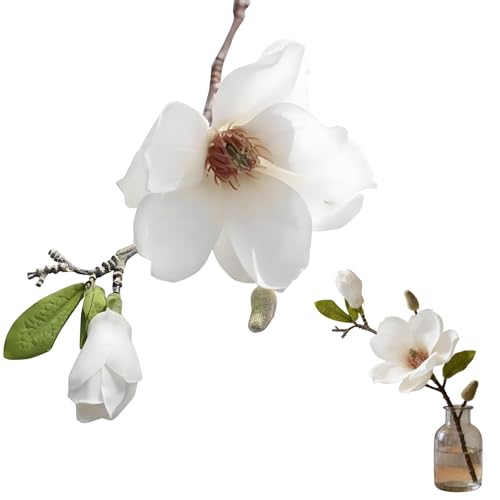 White Artificial Magnolia Silk Flower for Home, Wedding, Garden Decor, Single Stem for Vase, Table Arrangement