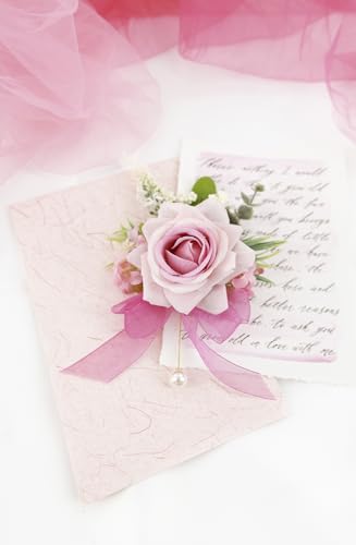 Pink Corsage and Boutonniere Set, Corsage Wristlet for Women and Boutonniere for Wedding Prom Homecoming, Artificial Rose Flowers Boutonniere and Wrist Corsage - color: Pink