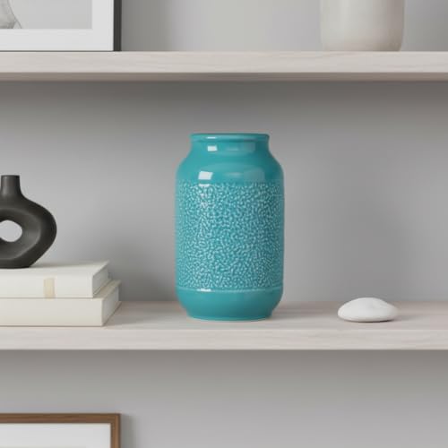 9 Inch Blue Ceramic Vase for Flowers - Textured Teal Cylinder Vase for Table Centerpieces, Modern Boho Vases Home Decor, Living Room, Kitchen Decor - color: Lake Blue