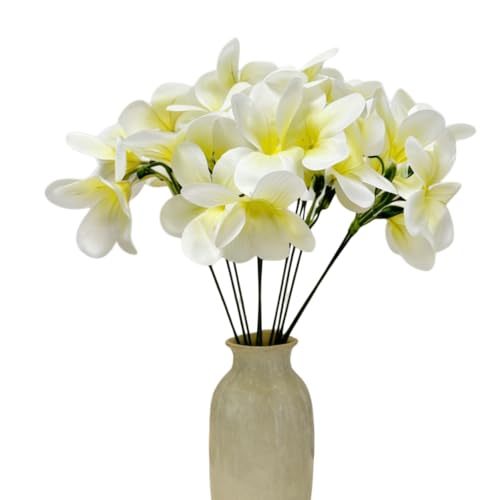 10 Bunch Pink Artificial Flowers Fake Plumeria Flower with Stems,12inch Real Touch Lifelike Frangipani Flower Bouquets for Wedding Engagement Party Cake Topper Spring Flowers Beach Decor (White) - color: White