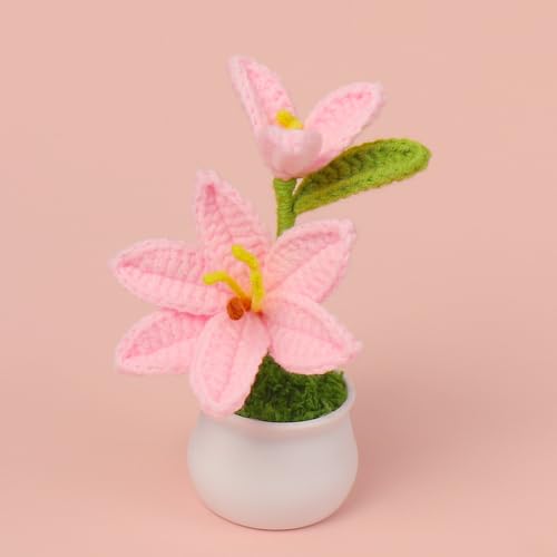 Crochet Flowers, Handmade Crochet Knitted Plant Lily Artificial Lily Flowers Gift to Family and Friends, Home Wedding Office Desk Cafe Decoration (Light Pink, 2pcs) - color: Lily-light Pink