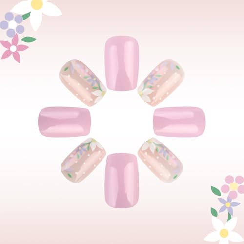Flower Press on Nails Short Square Fake Nails Nude False Nails with Embossed Flowers Designs Glossy Full Cover Dots Stick on Nails Glue on Nails Spring Acrylic Nails for Women Girls 24 Pcs - color: Flower Square24