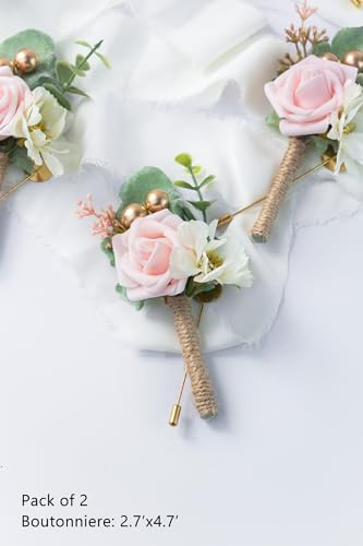 Boutonniere for Men Wedding, Groom Groomsman Artificial Rose Flowers for Wedding Anniversary Celebration,Prom,Party,Home Decoration Set of 2 (Blush) - color: Blush