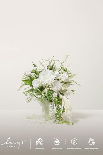Ling's moment Wedding Artificial Flowers Package, Bridal Bouquet, Bridesmaid Bouquets, Boutonniere for Men, Rose Petals.Lily Valley White - color: Wht-lily Valley & White