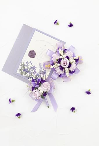 Purple Rose Corsage and Boutonniere Set, Prom Flower Wrist Corsage Wristlet Band Bracelet, Boutonniere for Men Lavender Wedding Flowers Accessories Prom Suit Decorations - color: Purple