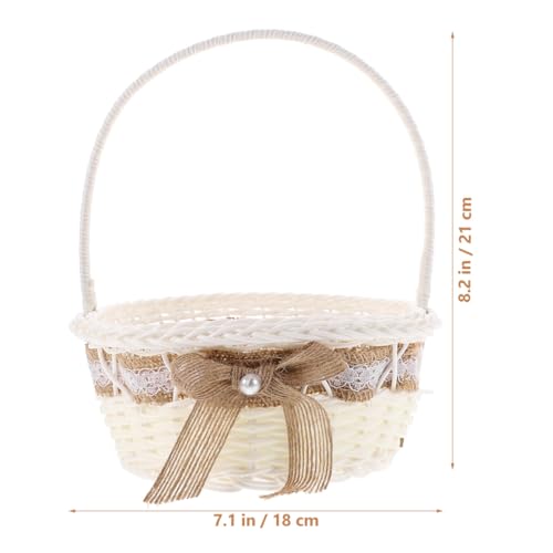 Flower Girl Basket for Wedding Rustic Handle Basket with Lace Design Hand-Woven Imitation Rattan Petal Holder for Ceremony Party Decor Photo Prop 8.26 X 7.08 X 7.08 in 1 Pc