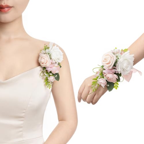 Ling's moment 2pcs Prom Wrist/Shoulder Corsage Artificial Flower, Girl/Mother Homecoming/Wedding Corsage Wristlet Décor, etc. Blush Cream - color: Pk-blush & Cream