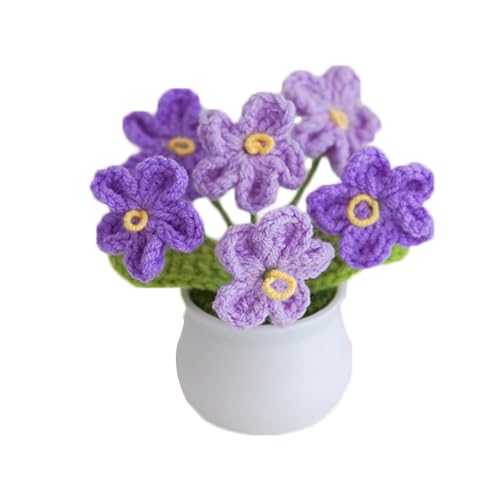 Blync Knitting Crochet Flowers Potted Plants, Fake Forget Me Not Flowers for Friends, Family and Lover, Artificial Handmade Flowers for Valentines Birthday Wedding Gift and Home Decor (Gpurple) - color: Gpurple