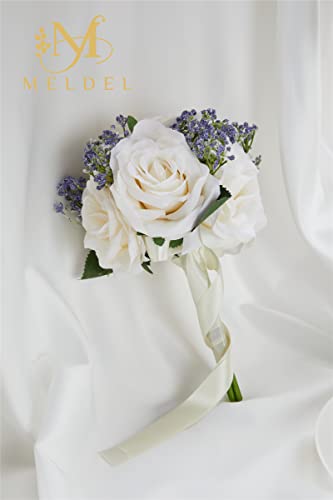 6.5 Inch Ivory Bridesmaid Bouquet, Set of 6, Purple Wedding Bouquets for Bridesmaids, Small White Bridesmaids Bouquets - color: 6pcs White&purple Bouquets