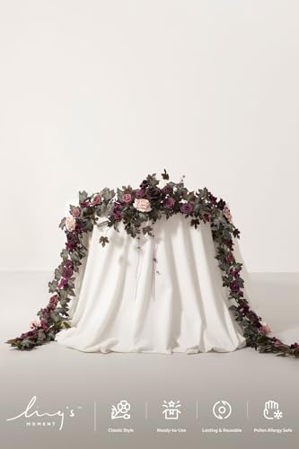 Ling's moment 9FT Flower Garland for Backdrop Decorations - Wedding Arch Flowers, Eucalyptus & Rose, Artificial Floral Garland for Mantle - Sweetheart Table Decor for Beach Reception, Purple - color: Prpl-deep Plum