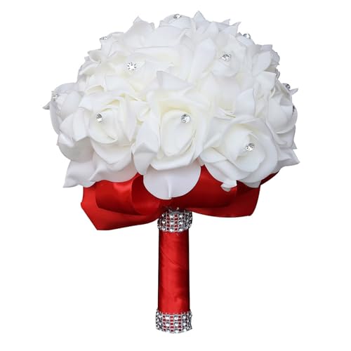 Wedding Bouquets for Bride, Bridal Flowers for Wedding, Bride Bridesmaid Hand Flowers Bridal Bouquet Crystal Diamond Silk Roses, Artificial Flowers Bouquet for Church Wedding Party (Red) - color: Red