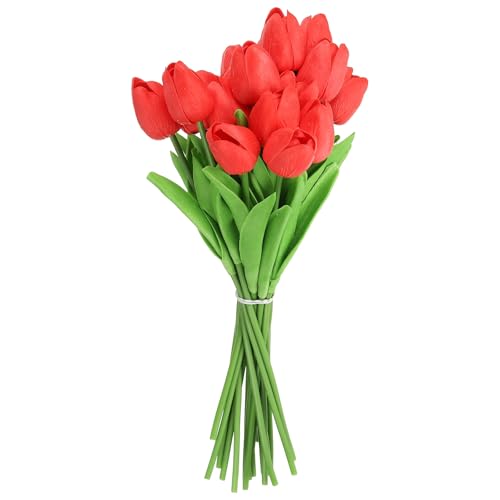 uxcell 20pcs Tulips Artificial Flowers, Faux Flowers Silk Fake Tulip Stems Real Touch for Wedding Bouquet Centerpiece Table Party Decoration(Red) - color: Red