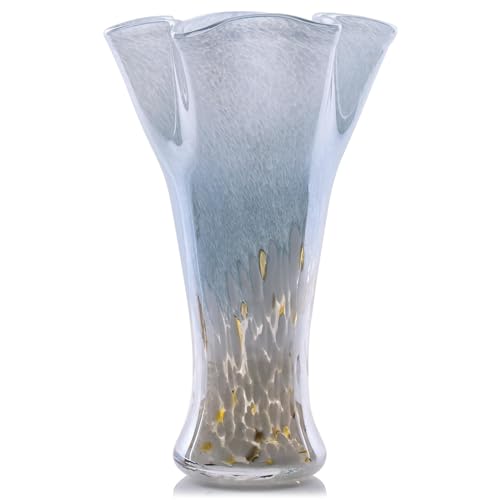 9.0"H Blue Glass Vases for Flowers, Unique Hand Blown Glass Vase Blue White Home Decor, Wide Mouth Colorful Flower Vase Centerpieces, For Living Room Table Bookshelf, Bathroom Office Shelf Decorative - color: Blue White