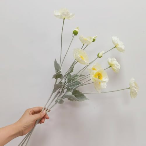 3Pieces White Poppies Flowers Artificial,23"Ranunculus Artificial Flowers,Silk Flowers with Stems,Faux Flower Stems for Wedding,Party,Garden Outdoor Indoor Decor Flower Arrangements for Table (White) - color: White