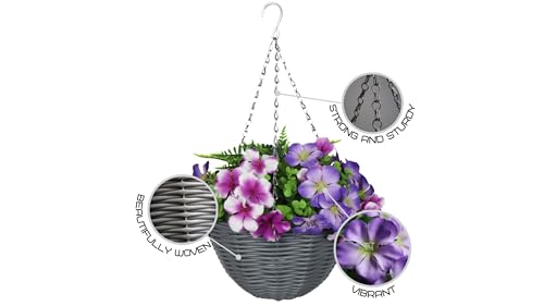 KIHO Artificial Hanging Flower Plant with Basket for Spring Summer Outdoor Decoration, Low-Maintenence Beautiful Petunia Flowers with Eucalyptus Leaves Perfect for Home (Pink and Purple) - color: Pink and Purple