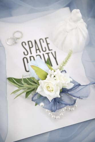Light Blue Corsage and Boutonniere Set for Wedding Prom, Artificial Rose Flower Homecoming Corsage Wristlet, Boutonniere for Men Wedding Suit Decor - color: Light Blue