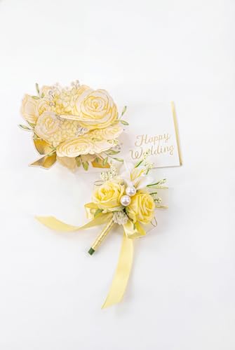 Yellow Rose Corsage and Boutonniere Set, Prom Flower Wrist Corsage Wristlet Band Bracelet, Boutonniere for Men White Wedding Flowers Accessories Prom Suit Decorations - color: Yellow
