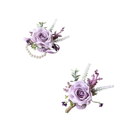Purple Wrist Corsage Wristlet Band Bracelet and Men Boutonniere Set for Wedding Party Bridal Shower Homecoming Ceremony Anniversary for Girl Mother Bride Bridesmaid Groom Groomsmen - color: Purple Corsage and Boutonniere