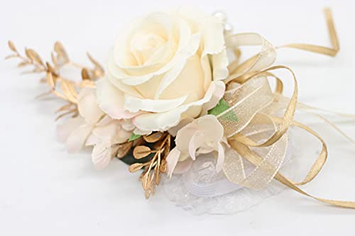 Corsage and Boutonniere Set, Handmade Artificial Peony Rose Wrist Corsage Wristlet and Groom Boutonniere for Men Wedding Prom Suit Decorations (Champagne Cream Gold) - color: Champagne Cream Gold