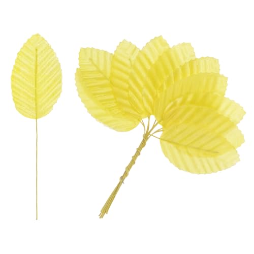 M METERXITY 100-Pack Artificial Silk Leaf, Faux Wire Single Leaves, Fake Flower Leaf with Stem for DIY Bouquet/Wreaths/Wedding/Garland/Party Decorations, Fake Rose Craft Leaves [Yellow] - color: Yellow