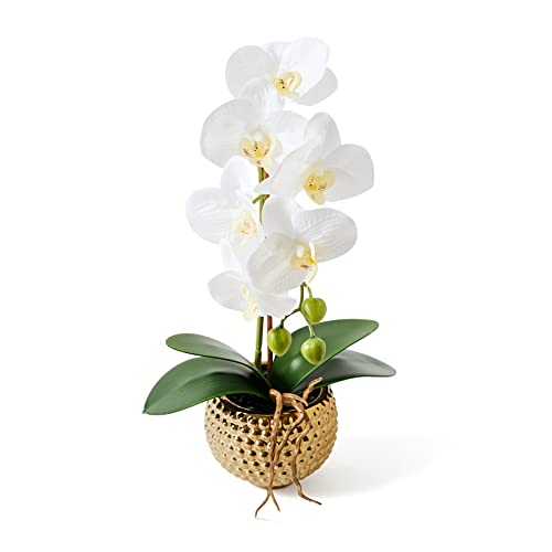 Orchids Artificial Flowers, 15" Faux Orchid in Gold Flower Pot Real Touch Flowers in Pot Large Flower Arrangements Artificial Centerpiece for Home Living Room Bathroom Kitchen Decoration (White) - color: White