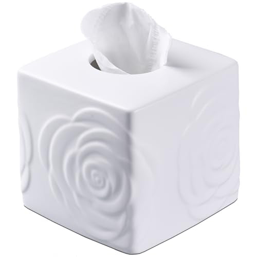 White Ceramic Rose Tissue Box Cover, Carved Flowers Large Square Tissue Box Holder Decorative for Bathroom, Vanity, Kitchen Countertop, Bedroom Night Stands, Office Desk Top - color: White