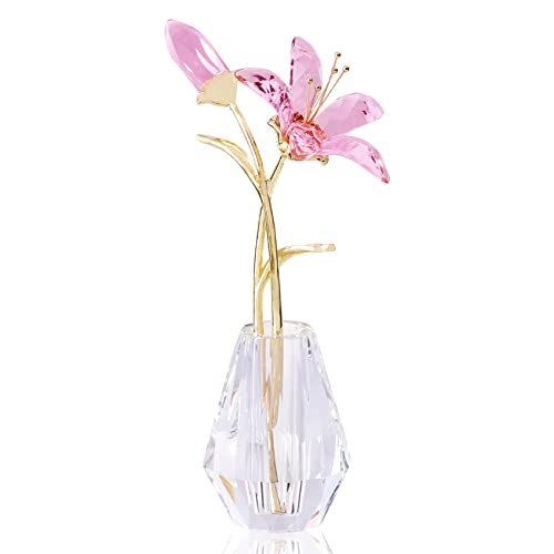 YWHL Crystal Lily Flower Figurine with Vase, Handmade Pink Glass Lily Flower Gifts for Woman, Wedding Gifts for Couple, Home Party Decorations (Pink) - color: Pink