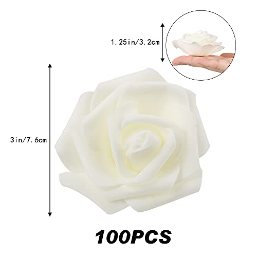 Artificial Rose Flower Heads, 100pcs Ivory Fake Roses Artificial Flower Foam Rose for DIY Wedding Bouquets Centerpieces Arrangements Party Baby Shower Home Decor (Stemless, Ivory) - color: Ivory, size: 100PCS