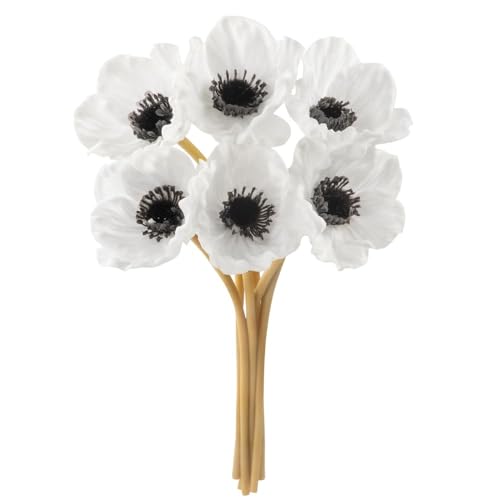 Floral Kingdom Real Touch White Anemone Bouquet - 10" Artificial Flowers for Home Decor, Weddings, Easter | Bendable Stems with Black Centers (7 Pack, Latex) - color: White