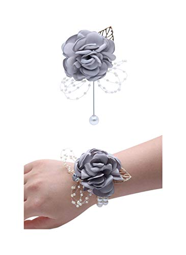 Rose Wedding Wrist Corsage and Boutonniere Set Party Prom Hand Ribbon Flower Suit Decor (Light Gray) - color: Light Gray