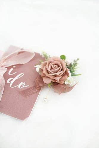 Dusty Rose Corsage and Boutonniere Set, Corsage Wristlet for Women and Boutonniere for Wedding Prom Homecoming, Artificial Rose Flowers Boutonniere and Wrist Corsage - color: Dusty Rose