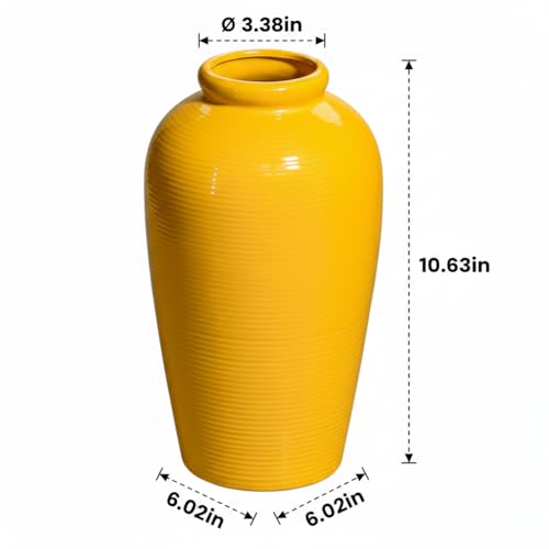 11 Inch Yellow Ceramic Vase for Flowers - Modern Minimalist Vases Home Decor - Textured Decorative Vase for Kitchen, Wedding Centerpiece, Fireplace Decoration for Living Room - color: Yellow