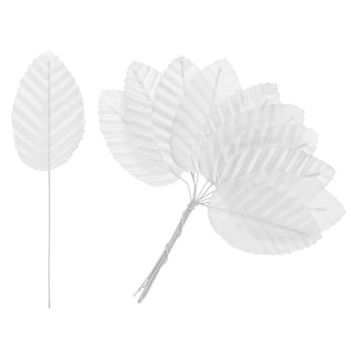 M METERXITY 100-Pack Artificial Silk Leaf, Faux Wire Single Leaves, Fake Flower Leaf with Stem for DIY Bouquet/Wreaths/Wedding/Garland/Party Decorations, Fake Rose Craft Leaves [White] - color: White