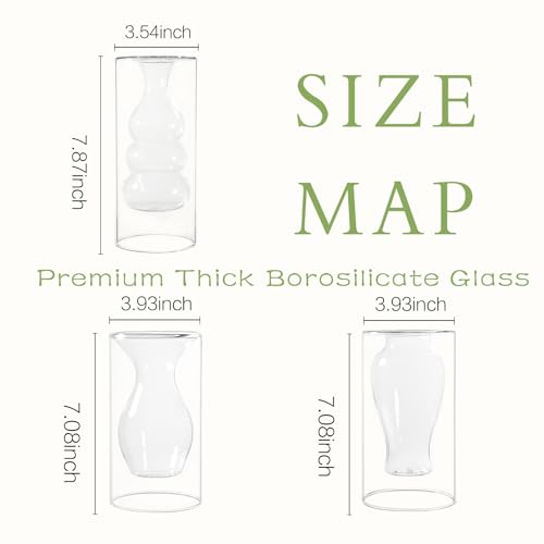 ZENS Unique Clear Small Flower Vase Set of 3, Modern Floating Decorative Vases, Double Hollow Cool Glass Vases, Hand Blown Bud Vases for Home Small Bouquet, Wedding Centerpieces - color: Transparent, size: 7 inch tall Vase Set of 3