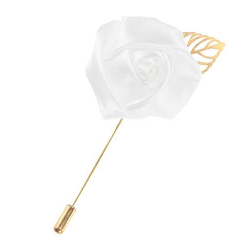M METERXITY 1-Pack Flower Lapel Pins for Men, Golden Leaf Rose Boutonnieres Pin Groom Boutonnieres for Wedding/Dance/Party, Men Lapel Pins for Suits Satin Flower Corsage [Pure White] - color: Pure White