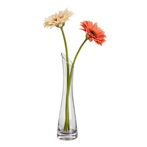 Hand-Made Blown Art Bud Glass Vase Transparet Gray Small Glass Vase Glass Flower Vase Heavy Base Single Stem Flower Drop Vase for Home Wedding Decor (Oblique Mouth-23cm)