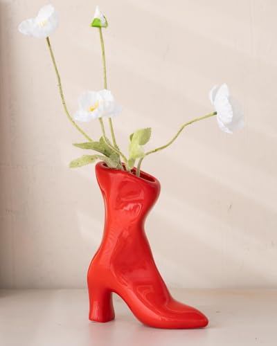 Ceramic Boot Vase for Modern Home Decor,7.9" High Heel Bootie Flower Vase,Quirky Funky Aesthetic Room Decor,Trendy Coffee Table Centerpiece for Women(Red) - color: Red