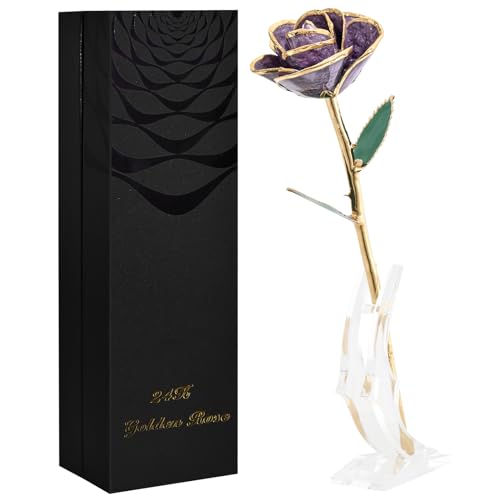 SW 24k Gold Dipped Real Rose Lasted Forever with Stand Gift for Women, Mom, Her, Christmas, Valentines Day, Mothers Day, Birthday - Purple Gold Rose - color: Blue