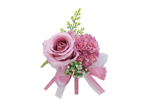 Rikyo 2 Pack Flower Wrist Corsage Boutonniere Set,3" Artificial Rose Carnation Wrist Corsage and Men Boutonniere Set,DIY Silk Flower for Wedding Flowers Accessories Prom Suit Decor (Violet) - color: Hot Pink